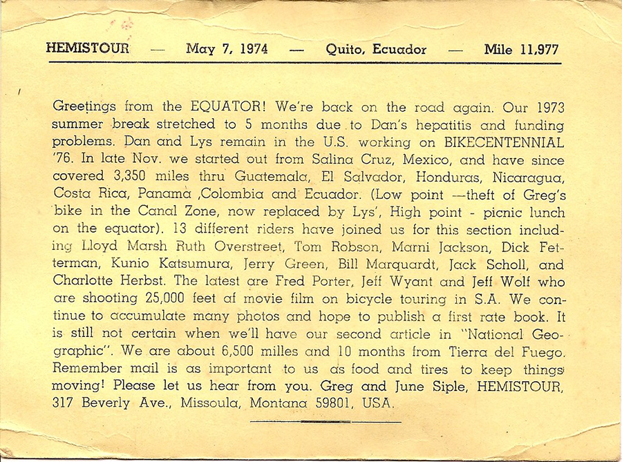 Yellow postcard with printed text and no images telling the reader that Greg and June are in Quito, Ecuador. 